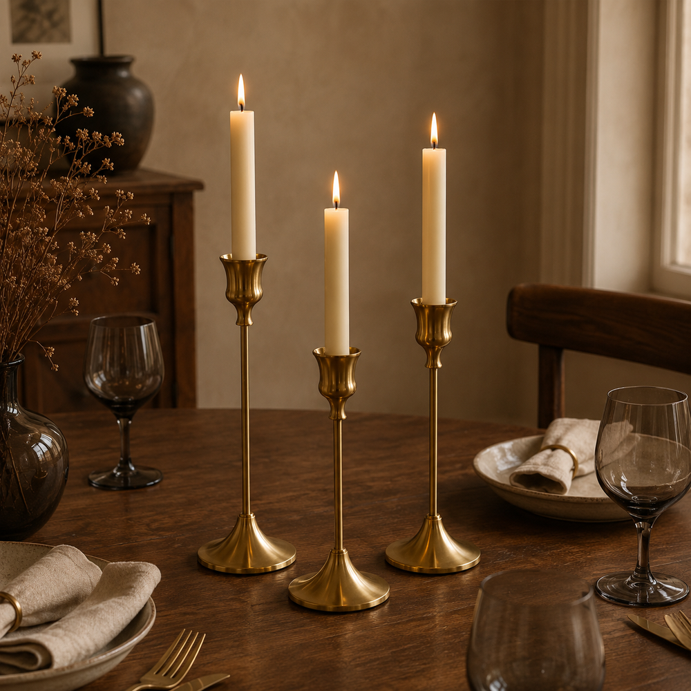 Cirelle Metal Taper Candle Holders Warm Glow, Tiered Set, 3-Piece