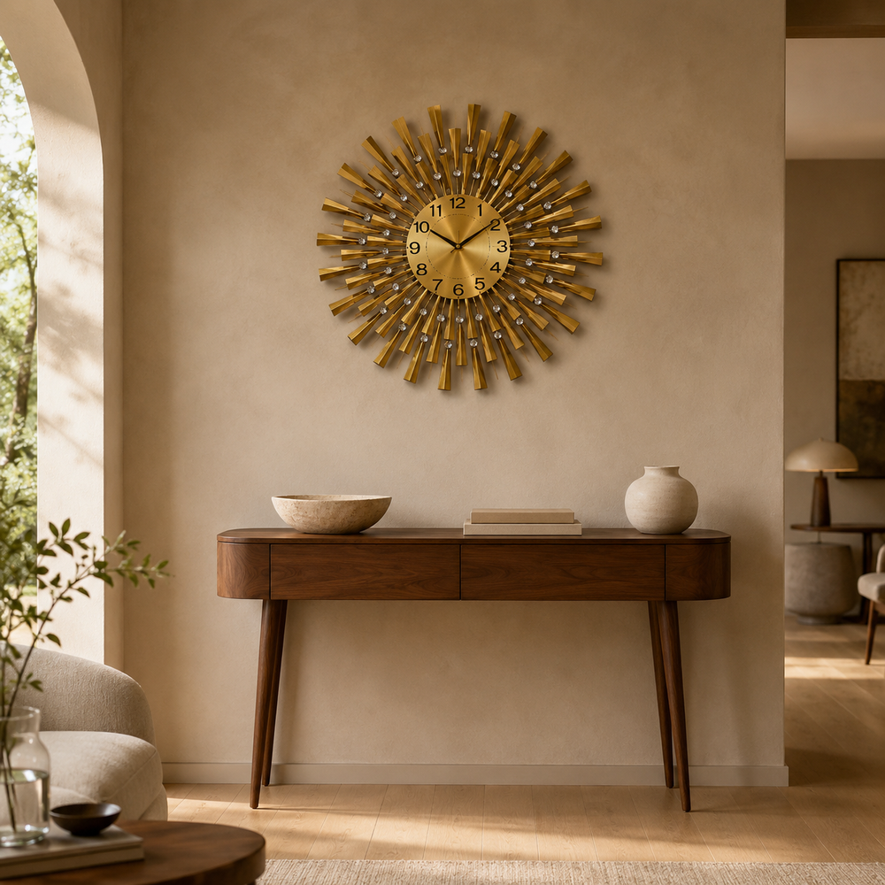 Aurelia Sunburst Wall Clock Silent, Sculptural, Gold Metal