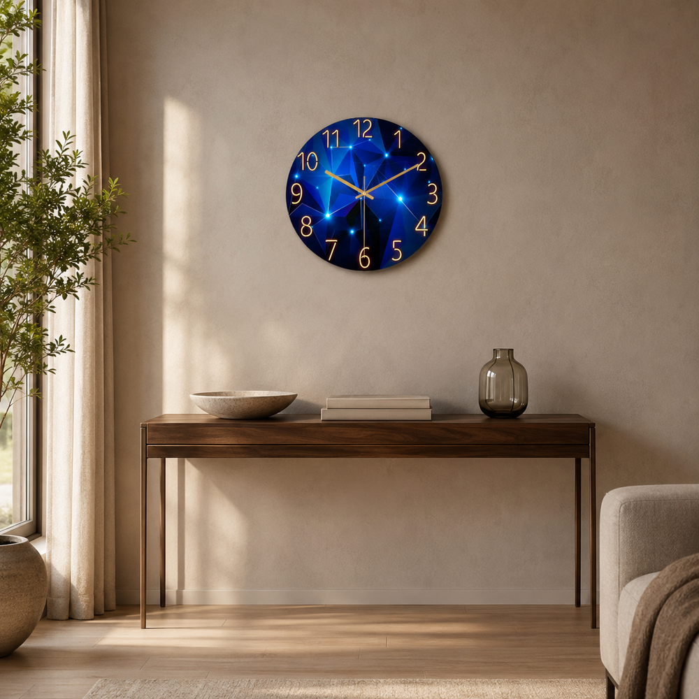 Vespera Blue Glass Wall Clock Silent, Refined, Gold Detail