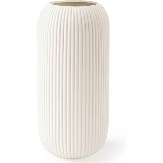 White Ceramic Ribbed Vase – Modern Decorative Flower Vase for Home Decor