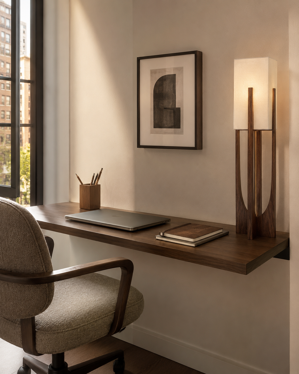 Soren Wood Table Lamp Warm Glow, Sculptural Form, Linen Shade