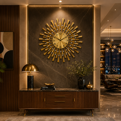 Aurelia Sunburst Wall Clock Silent, Sculptural, Gold Metal