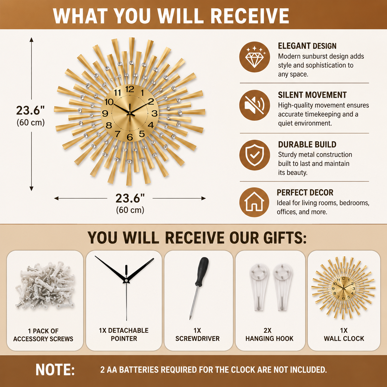 Aurelia Sunburst Wall Clock Silent, Sculptural, Gold Metal