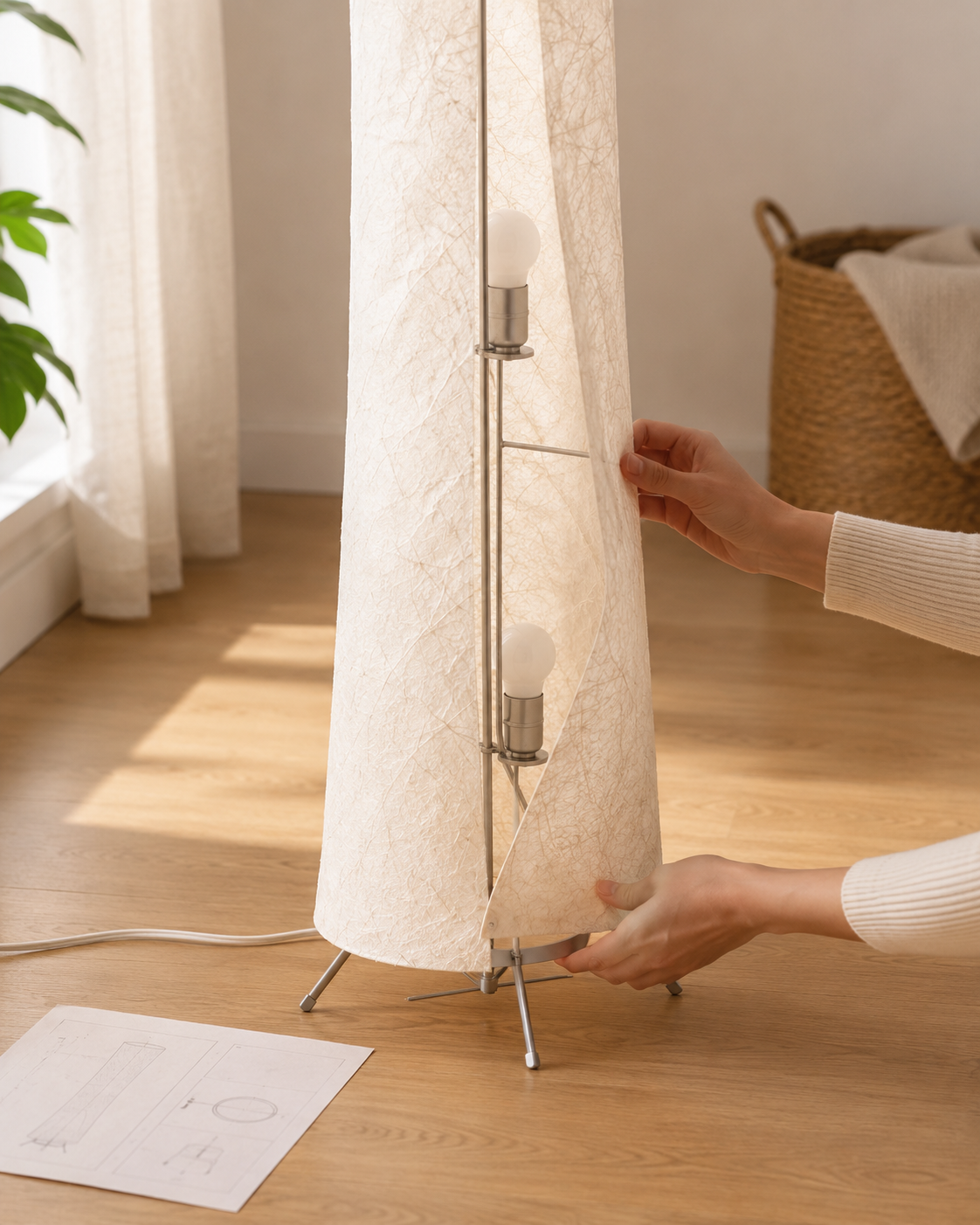 Liora Paper Floor Lamp Soft Glow, Slim Profile, Textured Shade