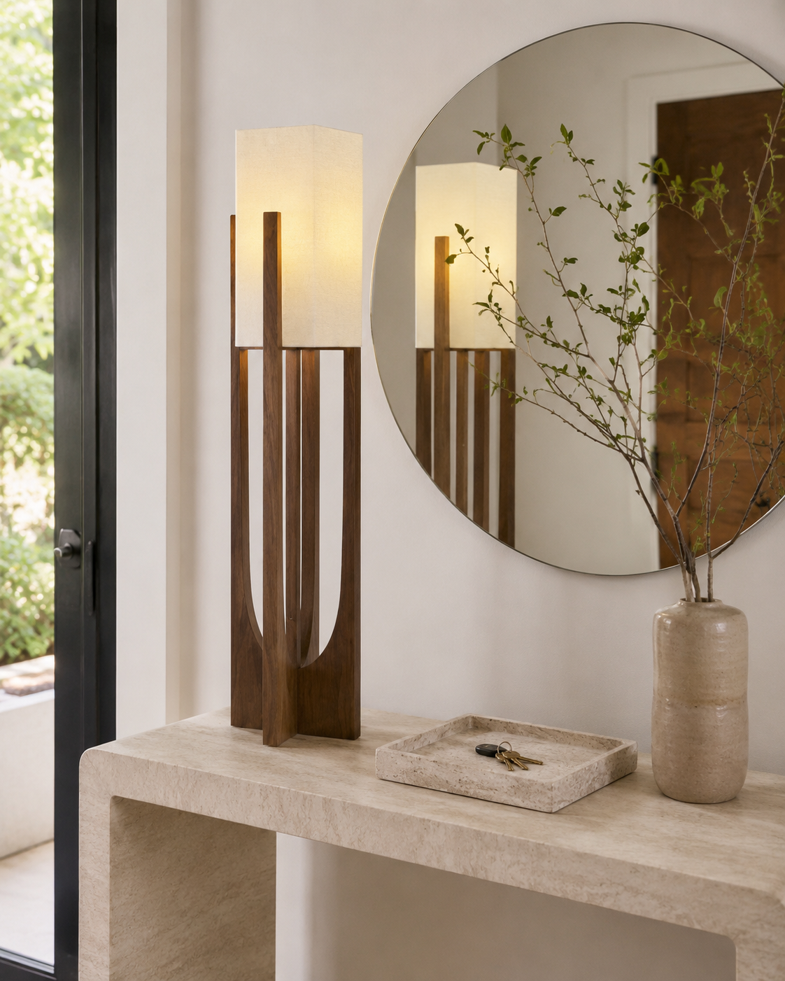 Soren Wood Table Lamp Warm Glow, Sculptural Form, Linen Shade