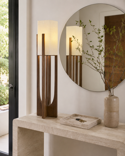 Soren Wood Table Lamp Warm Glow, Sculptural Form, Linen Shade