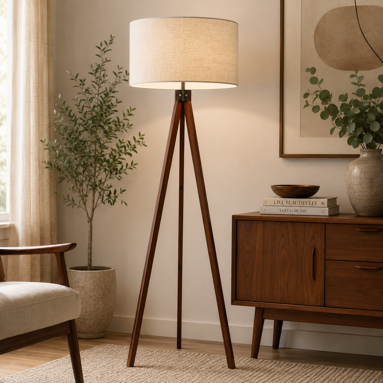 Arden Tripod Floor Lamp Ambient Glow, Stable Base, Linen Shade