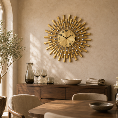 Aurelia Sunburst Wall Clock Silent, Sculptural, Gold Metal
