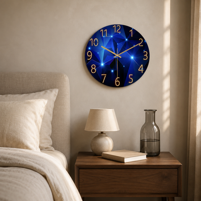 Vespera Blue Glass Wall Clock Silent, Refined, Gold Detail