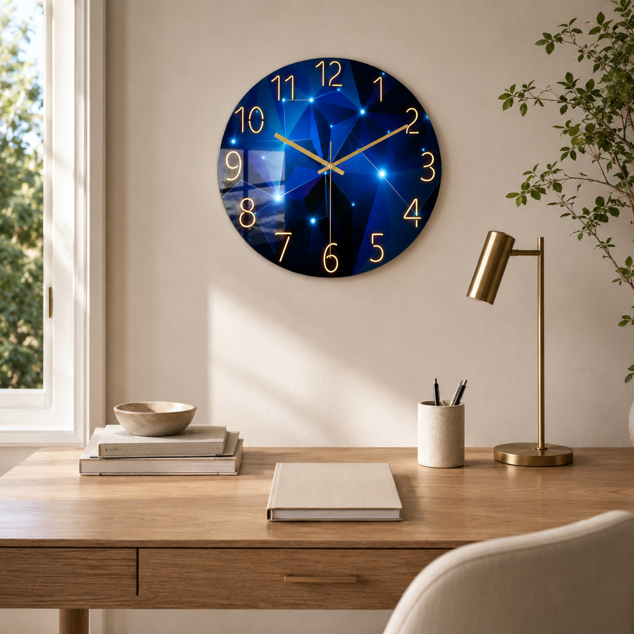 Vespera Blue Glass Wall Clock Silent, Refined, Gold Detail
