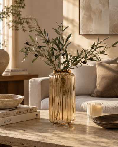 Aurelia Ribbed Glass Vase Warm Glow, Easy Styling, Champagne Finish