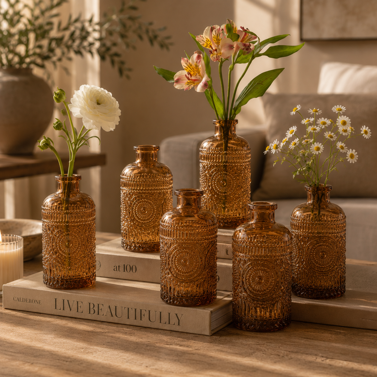 Elowen Glass Bud Vase Set Warm Styling, Easy Florals, 6 Pieces