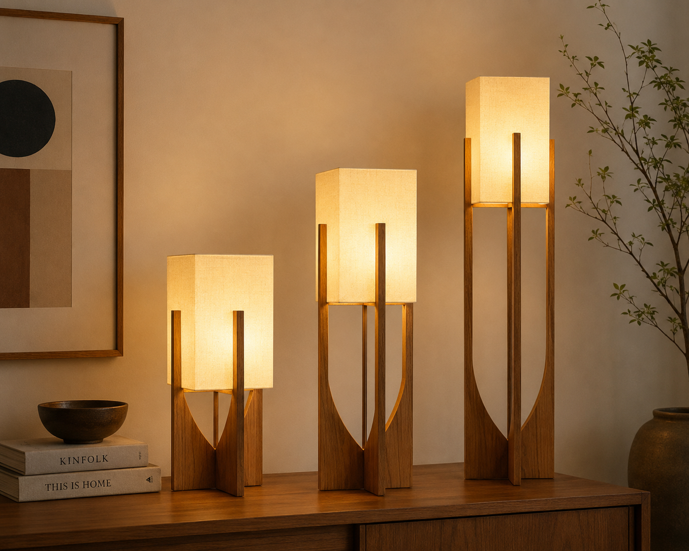 Soren Wood Table Lamp Warm Glow, Sculptural Form, Linen Shade