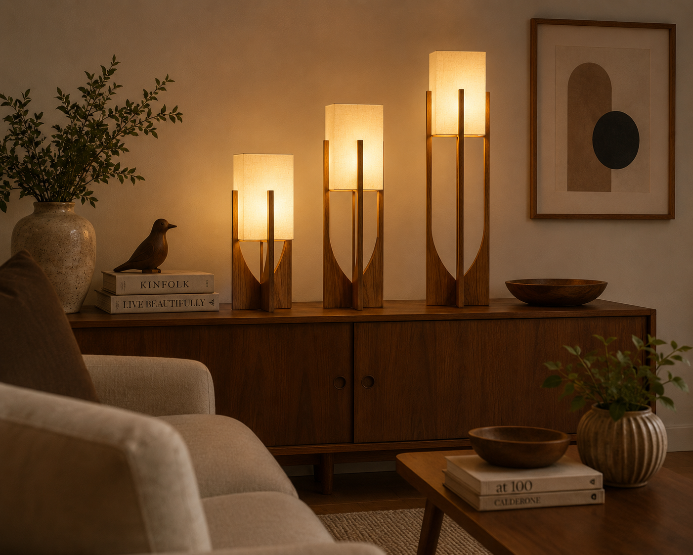 Soren Wood Table Lamp Warm Glow, Sculptural Form, Linen Shade