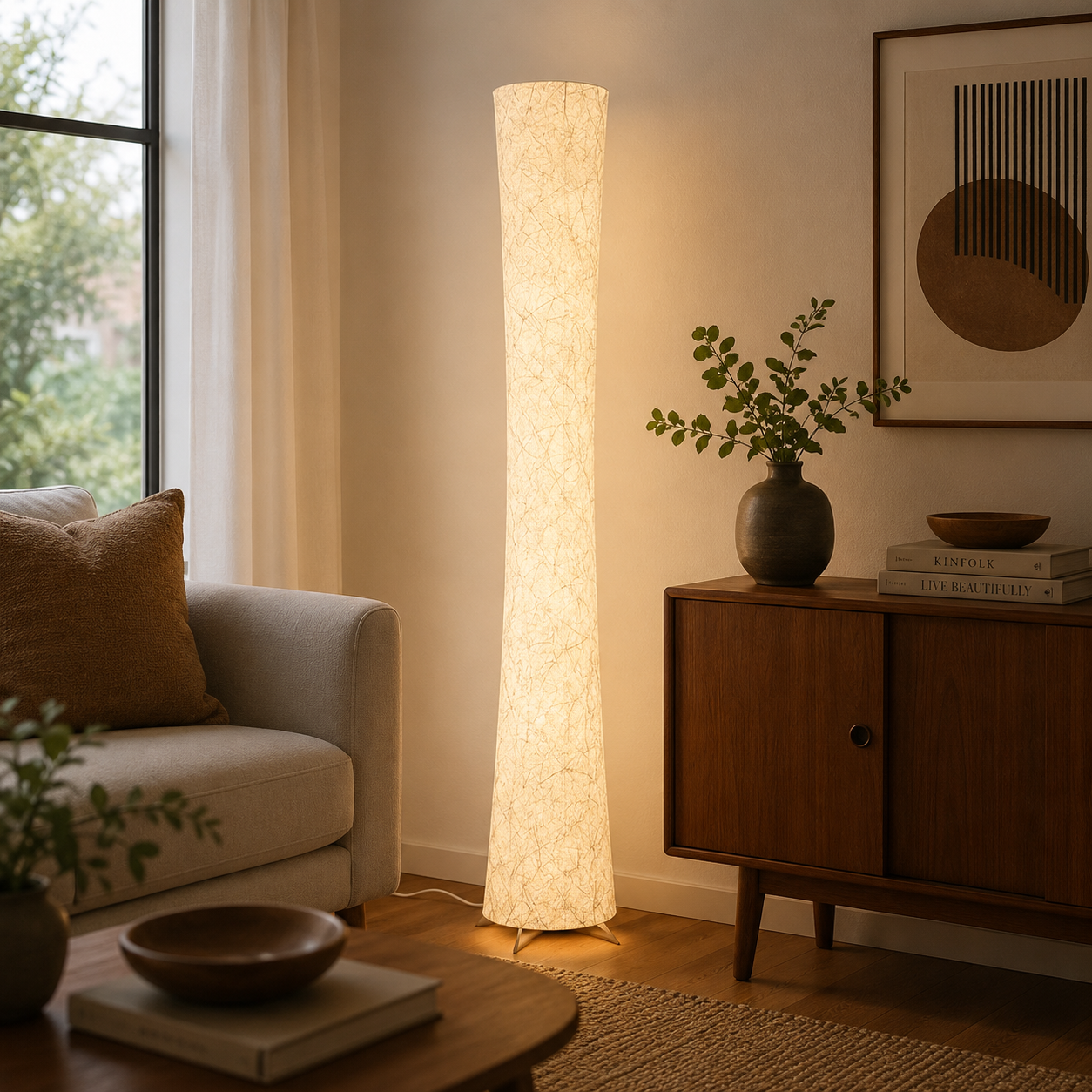 Liora Paper Floor Lamp Soft Glow, Slim Profile, Textured Shade