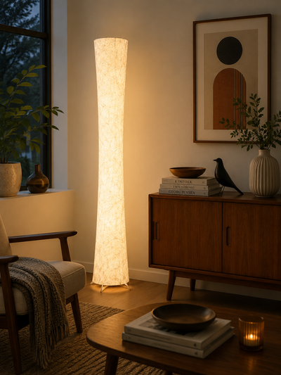 Liora Paper Floor Lamp Soft Glow, Slim Profile, Textured Shade