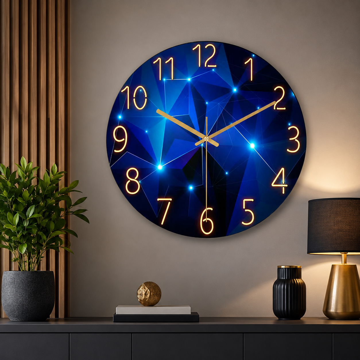 Vespera Blue Glass Wall Clock Silent, Refined, Gold Detail