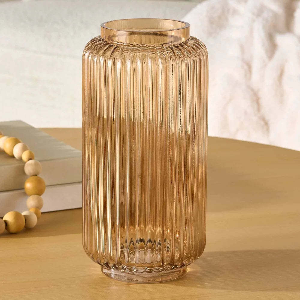 Aurelia Ribbed Glass Vase Warm Glow, Easy Styling, Champagne Finish
