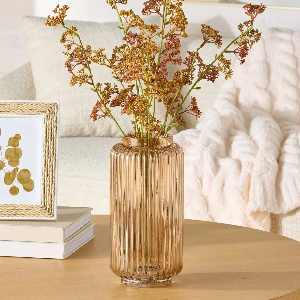 Aurelia Ribbed Glass Vase Warm Glow, Easy Styling, Champagne Finish