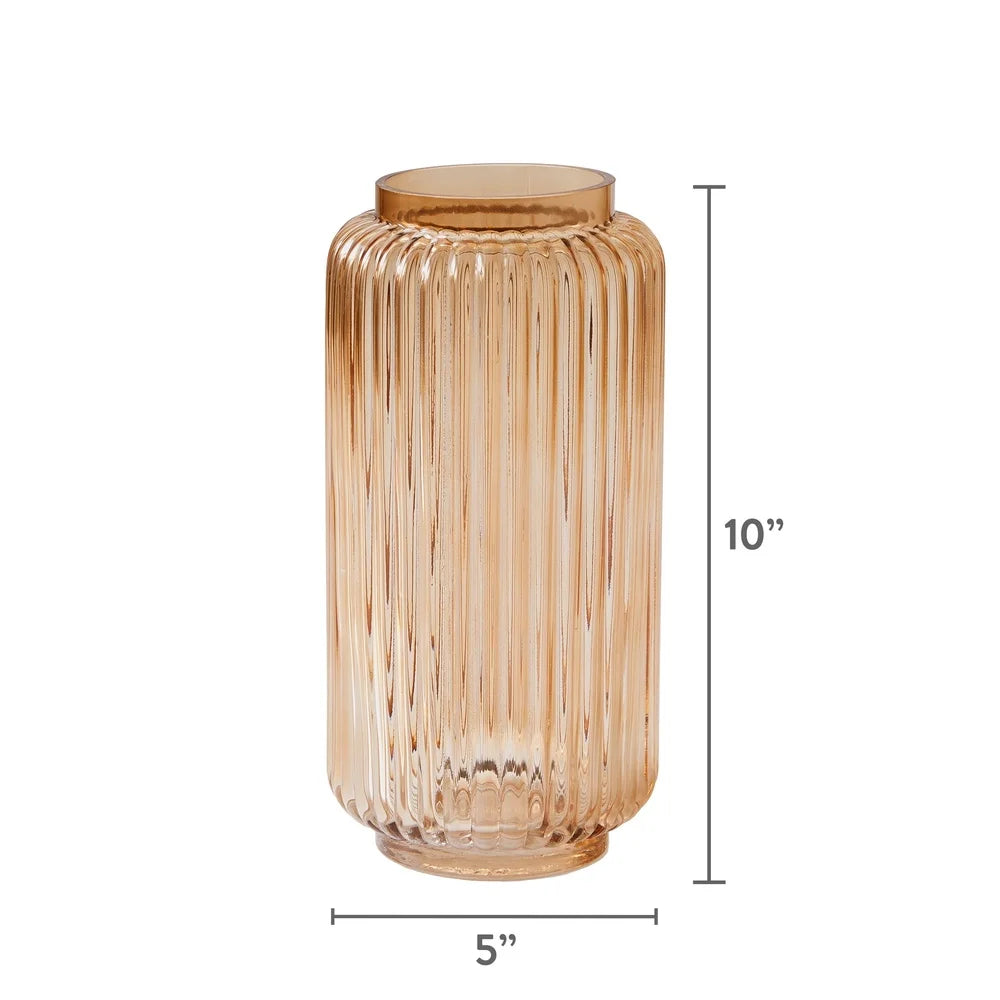 Aurelia Ribbed Glass Vase Warm Glow, Easy Styling, Champagne Finish