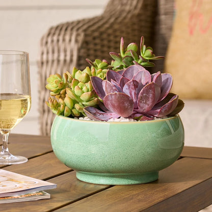 Green Reactive Glaze Ceramic Planter with Drainage Hole – Indoor Tabletop Plant Pot