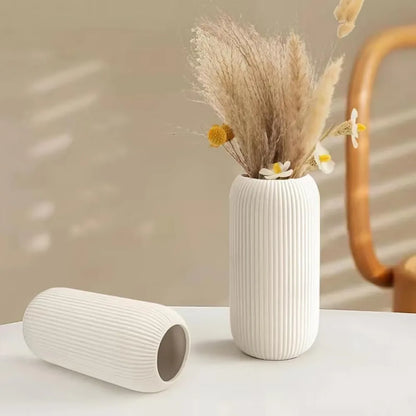 White Ceramic Ribbed Vase – Modern Decorative Flower Vase for Home Decor