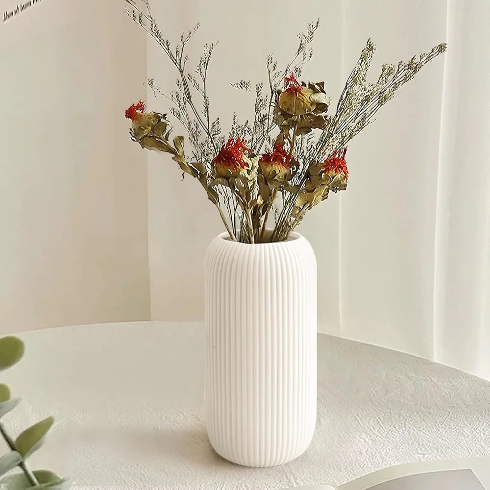 White Ceramic Ribbed Vase – Modern Decorative Flower Vase for Home Decor