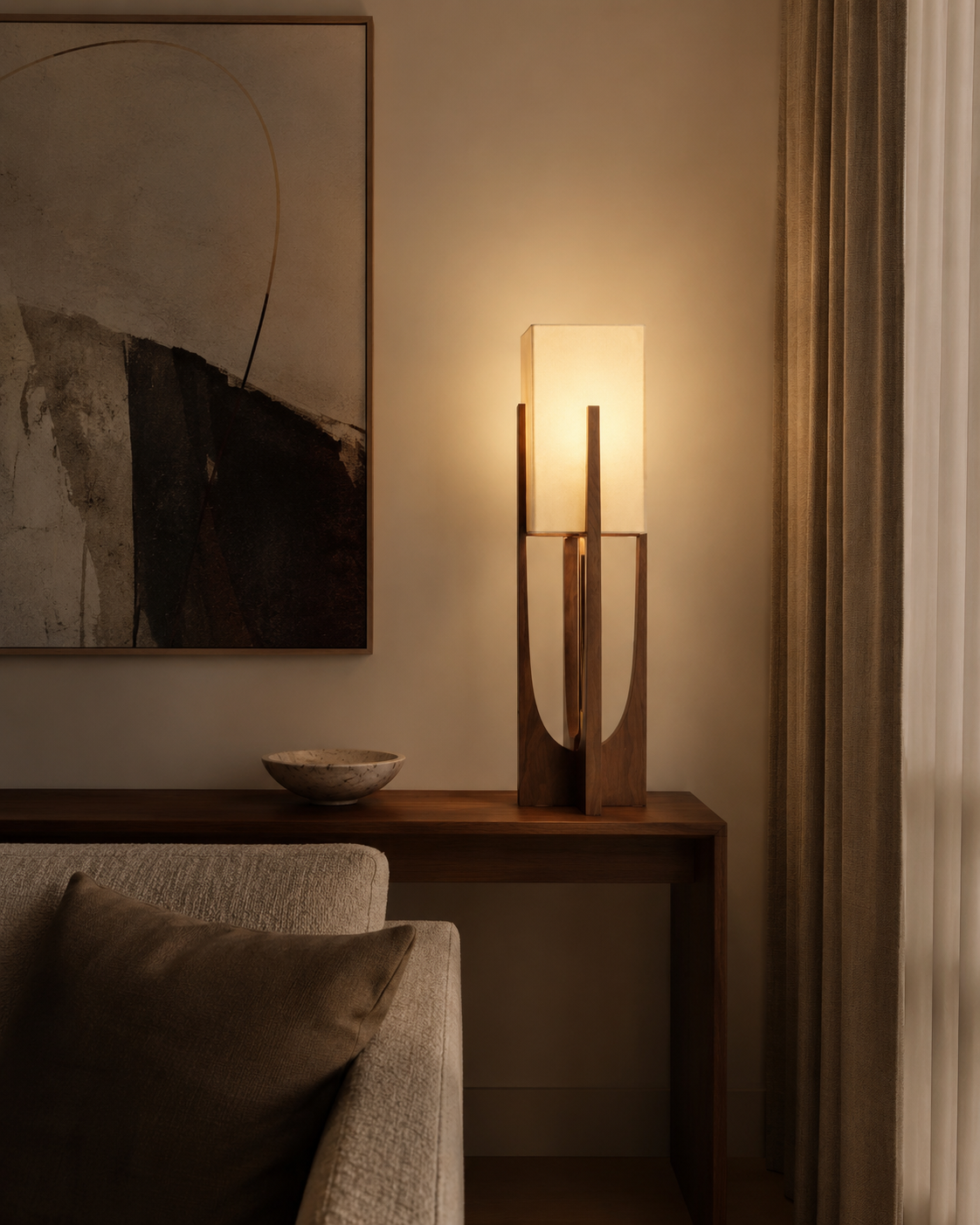 Soren Wood Table Lamp Warm Glow, Sculptural Form, Linen Shade