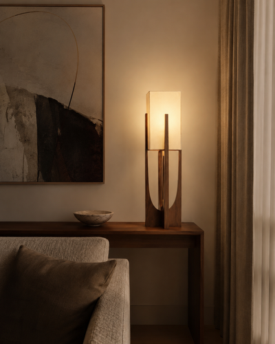 Soren Wood Table Lamp Warm Glow, Sculptural Form, Linen Shade