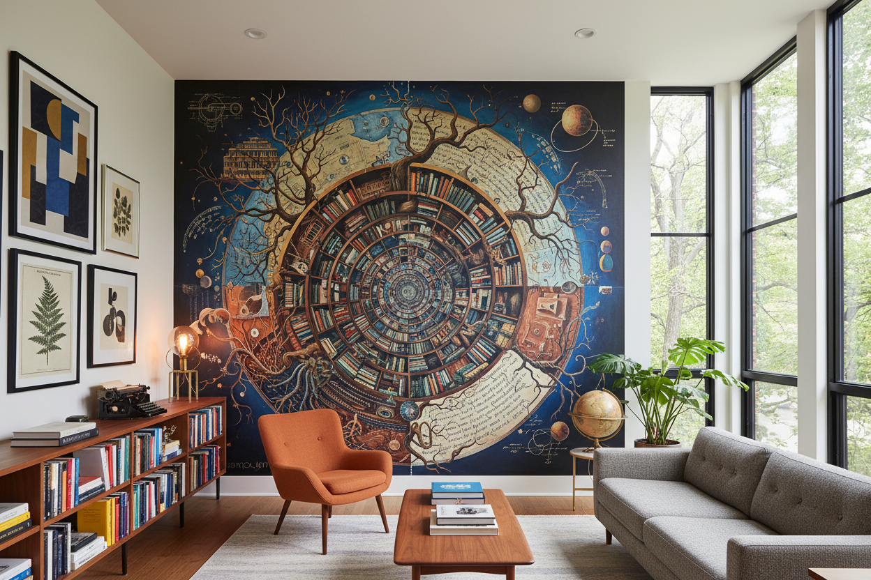 create a large den library. Make a beautiful artistic mural in a library. make the mural a focal point. Give it a intellectual vibe. Make it artistic and with midcentury modern look. Add in beautiful paintings as well that complement the room. make the library have beautiful windows 