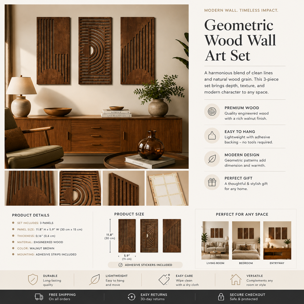 Alden Geometric Wood Wall Art Warmth, Depth, 3-Piece Set